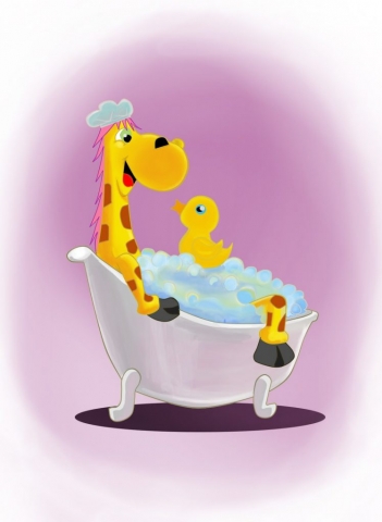 A girafa tomando banho