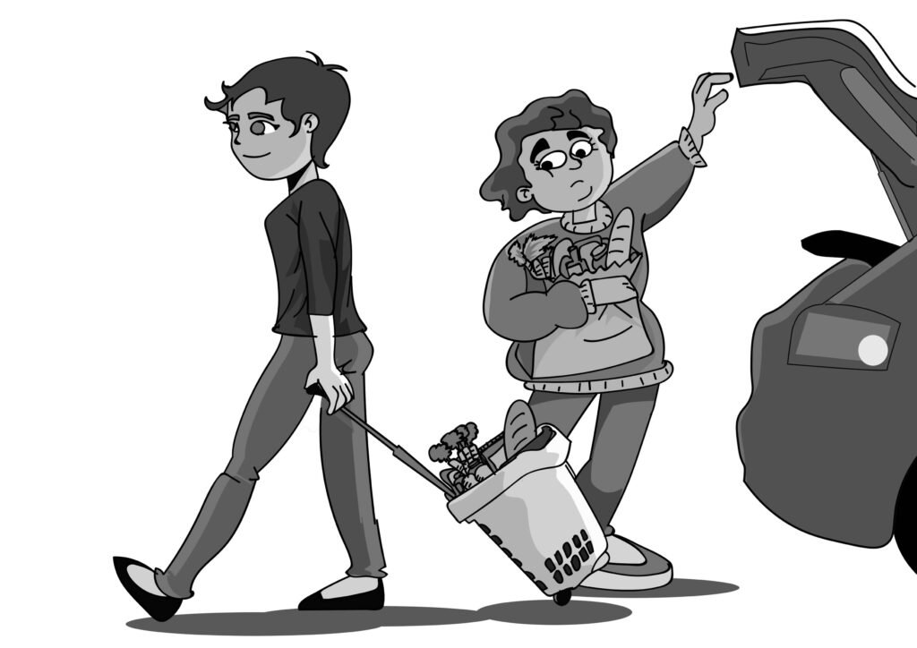 Desenho de Cesto com Rodas no estilo cartoon no estacionamento