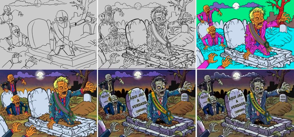 Processo passo a passo de ilustração digital de políticos zumbis