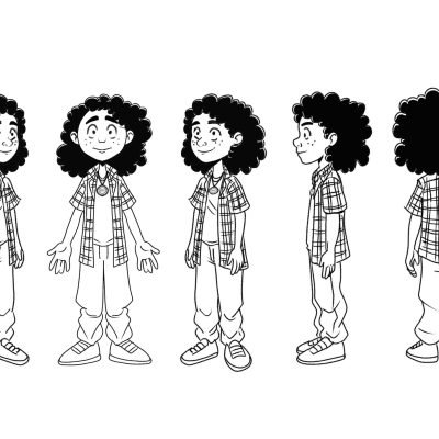 Model sheet de menino para criação de personagens, ilustração personalizada.